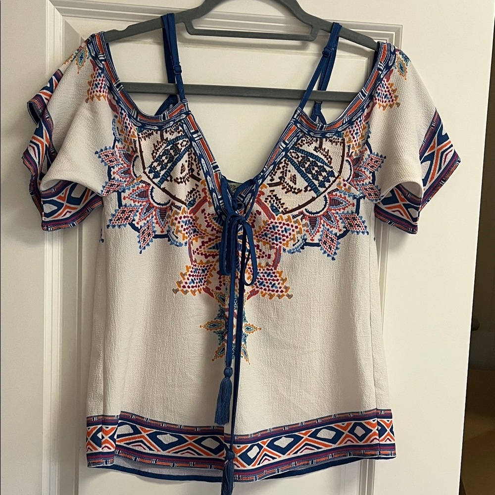 Embroidered Boho Women's Blouse in Blue and Orange